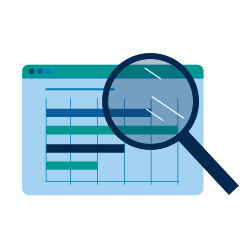 A magnifier in front of a bar chart