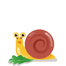 A yellow snail with a reddish brown shell is smiling. A green leaf in lying in front of it.