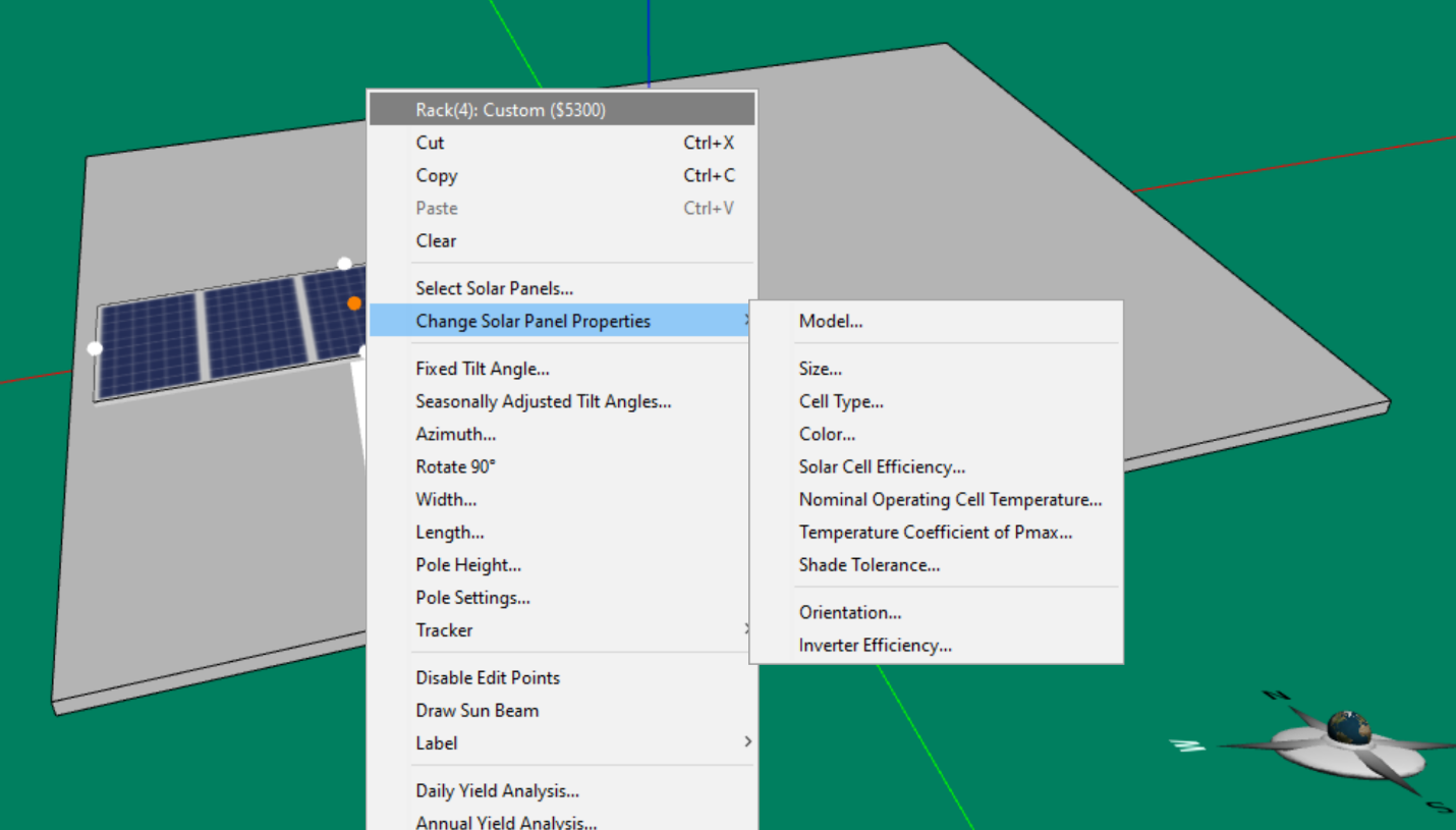 Screenshot from the Energy3D software: Menus showing options available for changing the properties of the solar panels in Energy3D.