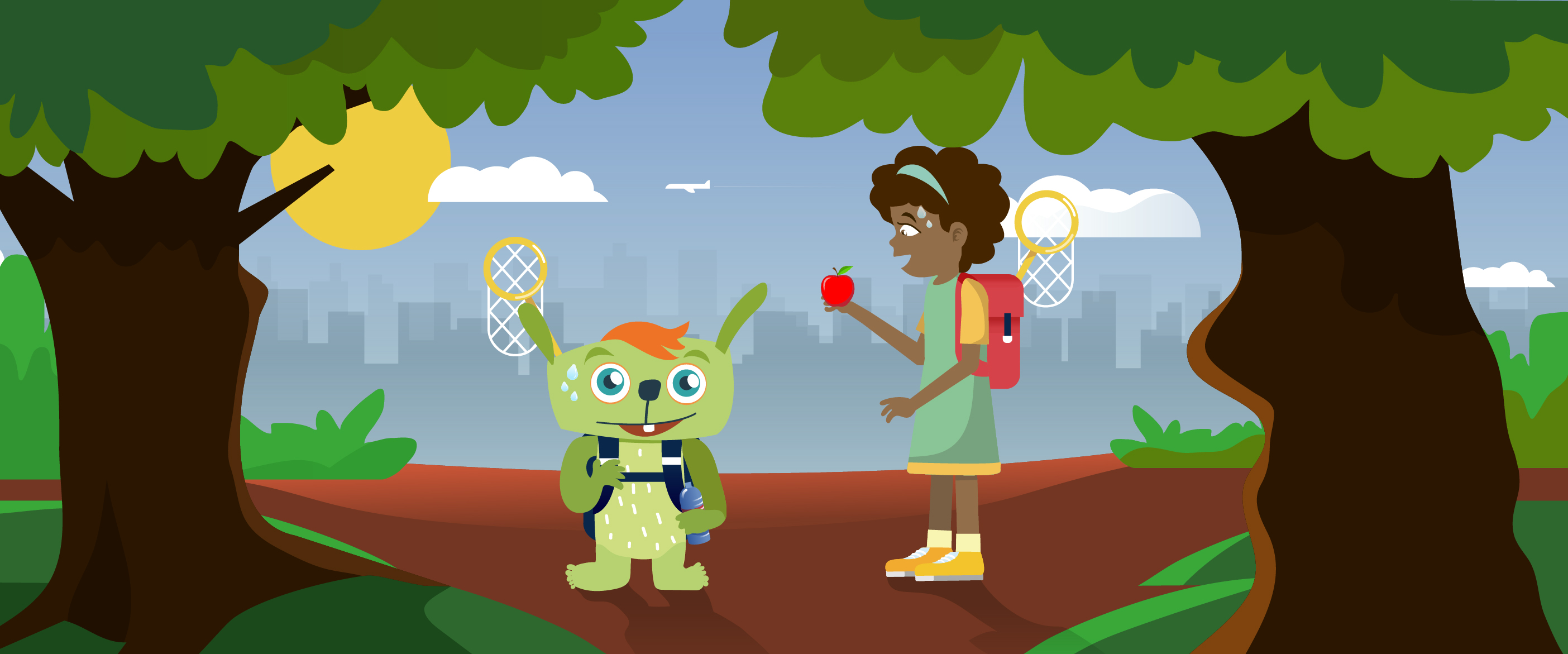 The green fantasy creature Lilu and the girl Alina are standing outside between two trees. In the background there is the silhouette of a city. They are wearing backpacks. Lilu is holding a water bottle and Alina has a red apple. The sun is shining and both are sweating.