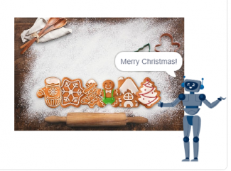 A robot next to a series of Christmas cookies with "Merry Christmas" displayed above it